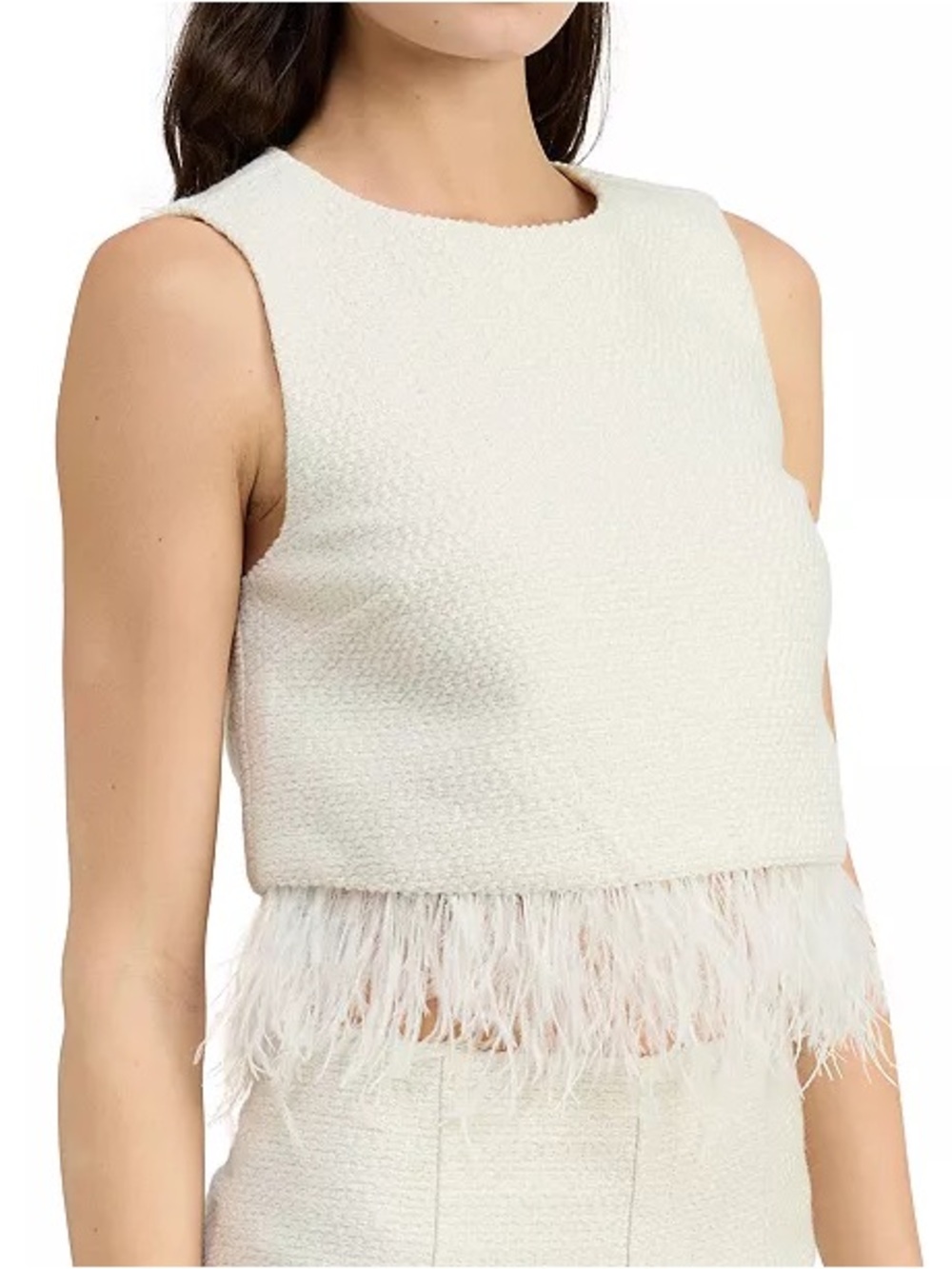 En Saison Arden Feather Trim Tweed Crop Top M Ivory NWT Ostrich Quiet Luxury